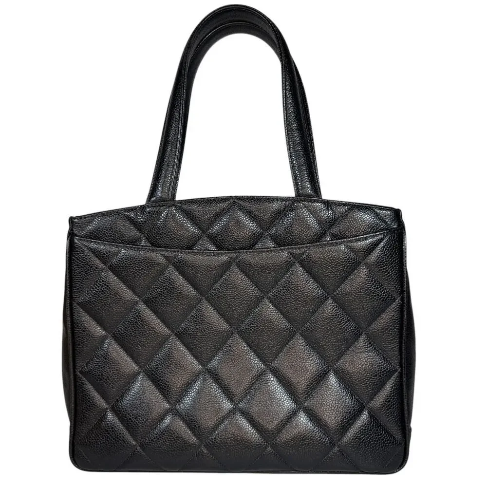 Chanel Caviar Vintage Tote Bag Quilted CC Turnlock Black/Gold Matelasse XL Logo - Picture 2 of 16